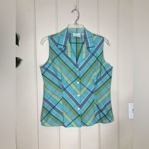 Ladies Liz Claiborne Multicolor Plaid Stripe Sleeveless Collar Buttoned Blouse
…